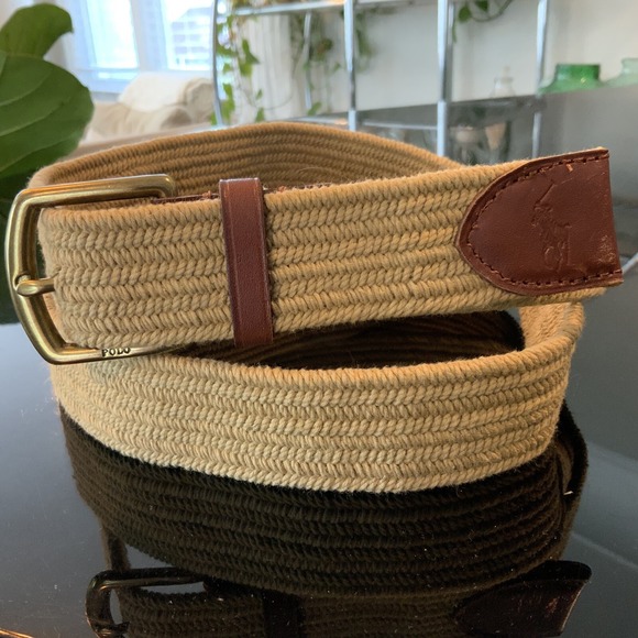 Polo Ralph Lauren Belt Mens 48" Woven Canvas Cloth Leather Fabric Leather Preppy - Picture 1 of 6
